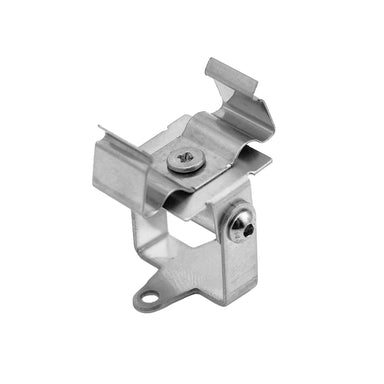 Moss LED ALM-2618B recessed mounting clip RCLP silver metal bracket angled perspective view showing spring retention tabs screw and mounting slot for aluminum LED channel profile on white background