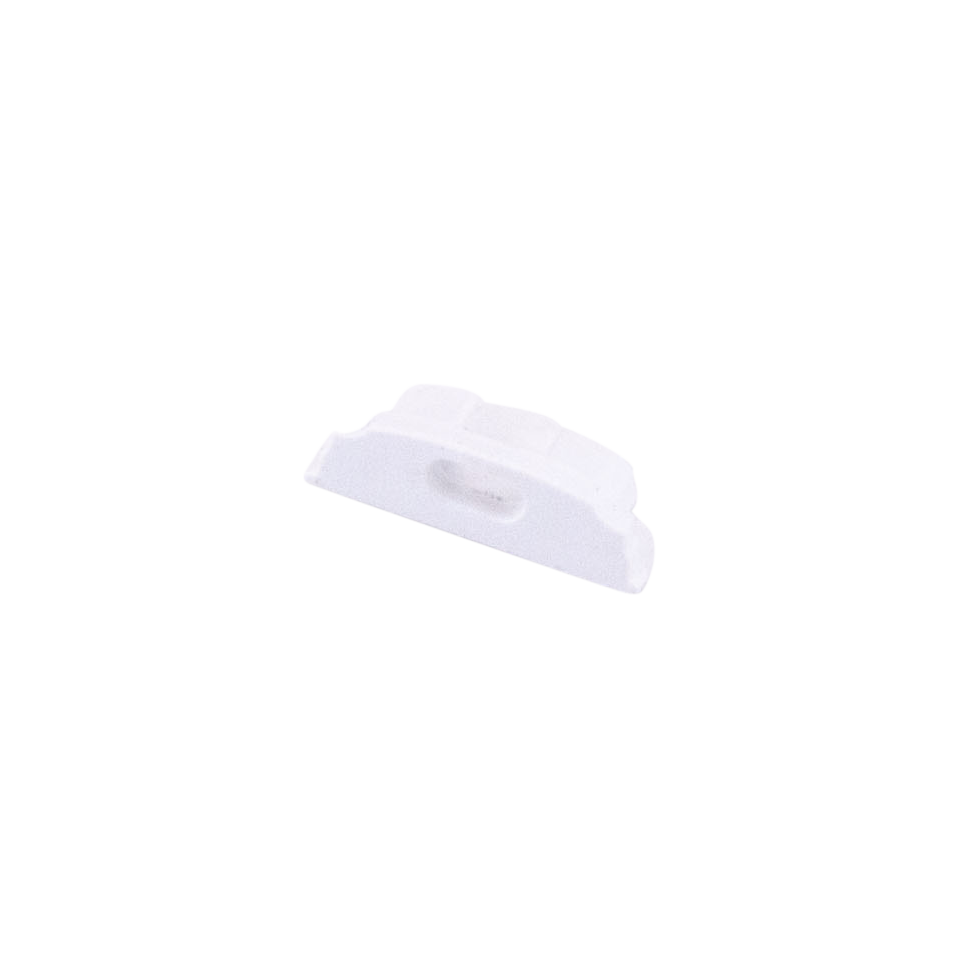 Moss LED ALQ-1807 end cap with wire hole white plastic for slim surface mount aluminum channel LED profile with cable pass-through and mounting tabs for low-profile LED strip lighting installation