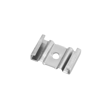 Moss LED ALQ-1807 surface mounting clip silver metal with screw hole and channel grip tabs for securing slim aluminum channel LED profile to surface for low-profile LED strip lighting installation