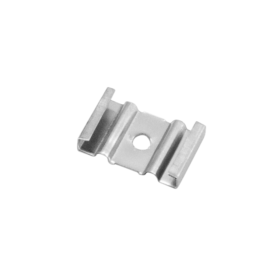 Moss LED ALQ-1807 surface mounting clip silver metal with screw hole and channel grip tabs for securing slim aluminum channel LED profile to surface for low-profile LED strip lighting installation