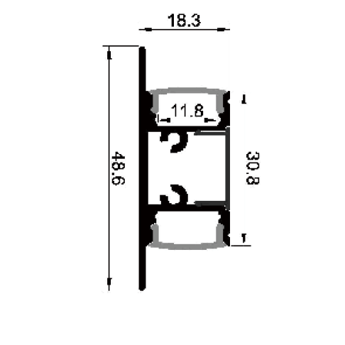 Moss LED ALQ-1848 aluminum channel profile cross-section technical drawing showing dimensions 18.3mm total width 48.6mm total height 30.8mm channel height 11.8mm inner width with milky diffuser cover for rectangular linear pendant LED strip lighting