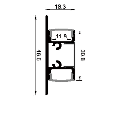 Moss LED ALQ-1848 aluminum channel profile cross-section technical drawing showing dimensions 18.3mm total width 48.6mm total height 30.8mm channel height 11.8mm inner width with surface mounting clip for rectangular linear pendant LED lighting