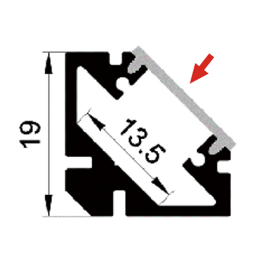 Moss LED ALQ-1919H aluminum channel cross-section technical drawing showing dimensions 19mm x 13.5mm with cover and mounting profile