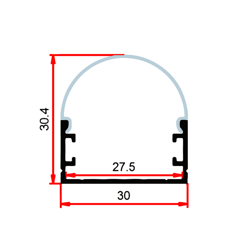 Moss LED ALQ-3015B rounded cover cross-section dimensions 30mm wide by 30.4mm high aluminum channel