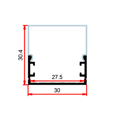Moss LED ALQ-3015C square aluminum channel cross-section technical drawing showing dimensions 30mm external width 27.5mm internal width 30.4mm height with milky diffuser cover white background