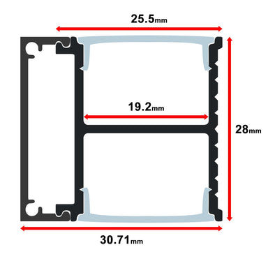 Moss LED ALQ-3028 aluminum channel profile cross-section technical drawing showing dimensions 30.71mm total width 28mm height 25.5mm top width 19.2mm inner channel width dual channel surface mount channel only 2 meter for LED strip lighting installation