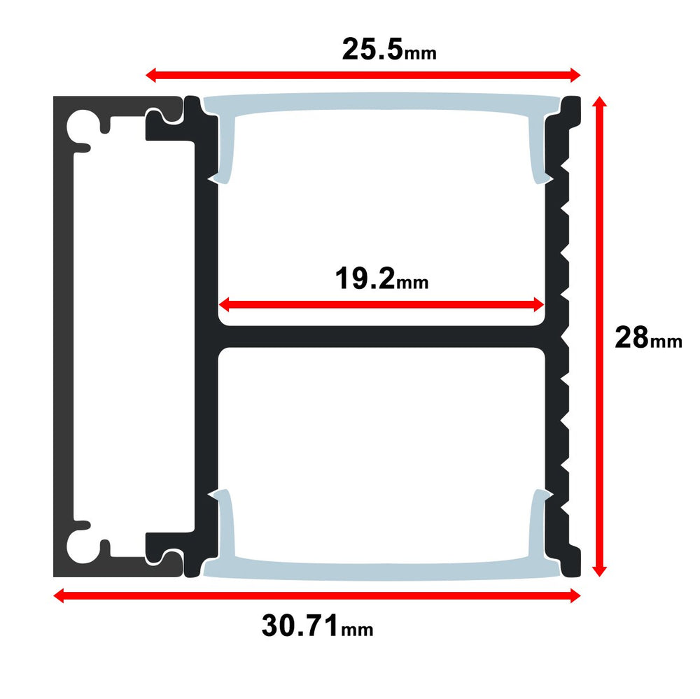 Moss LED ALQ-3028 mounting channel cross-section technical drawing showing dimensions 30.71mm total width 28mm height 25.5mm top width 19.2mm inner channel width dual channel surface mount aluminum profile 1 meter for LED strip lighting installation