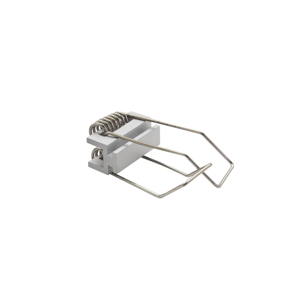 Moss LED ALQ-3535F spring-loaded brushed aluminum hanger clip side view showing spring mechanism and wire arms for ceiling suspension of LED channel profile