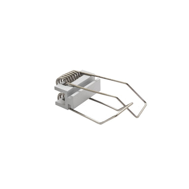 Moss LED ALQ-3535F spring-loaded brushed aluminum hanger clip side view showing spring mechanism and wire arms for ceiling suspension of LED channel profile