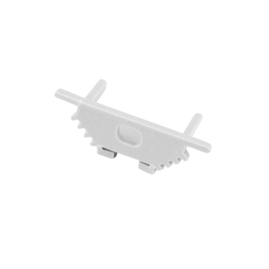 Moss LED ALS-A3010 end cap with wire hole white plastic for surface mount aluminum channel LED profile with serrated grip edge mounting tabs and cable pass-through for slim low-profile LED strip lighting installation