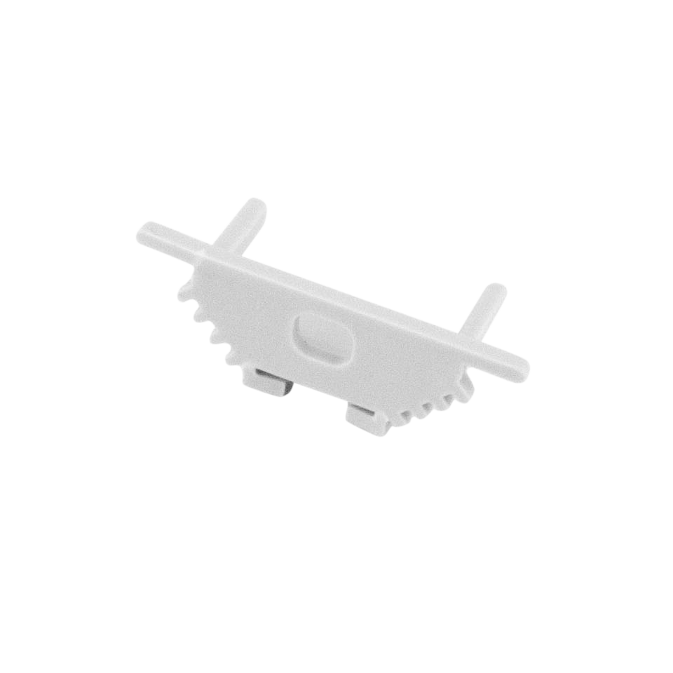Moss LED ALS-A3010 end cap with wire hole white plastic for surface mount aluminum channel LED profile with serrated grip edge mounting tabs and cable pass-through for slim low-profile LED strip lighting installation
