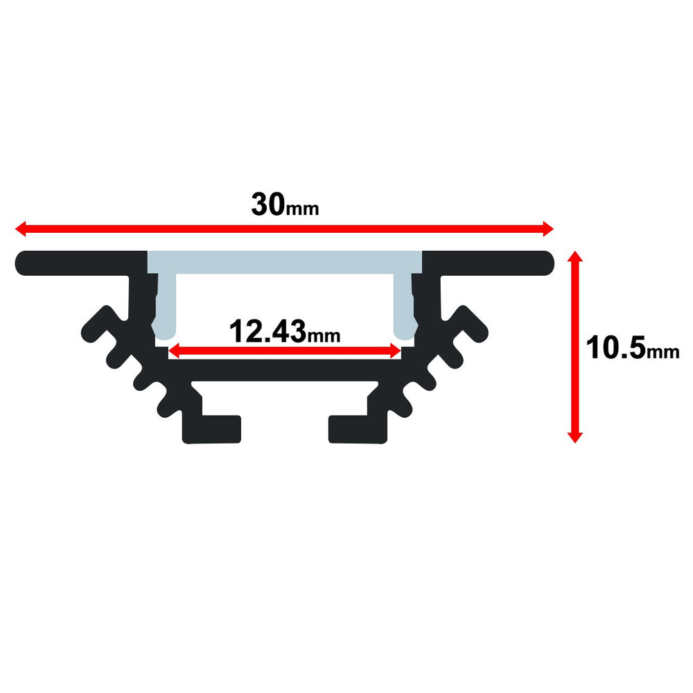 Moss LED ALS-A3010 surface mount aluminum channel profile cross-section technical drawing showing dimensions 30mm total width 10.5mm height 12.43mm inner width with diffuser cover slot for slim low-profile LED strip lighting installation
