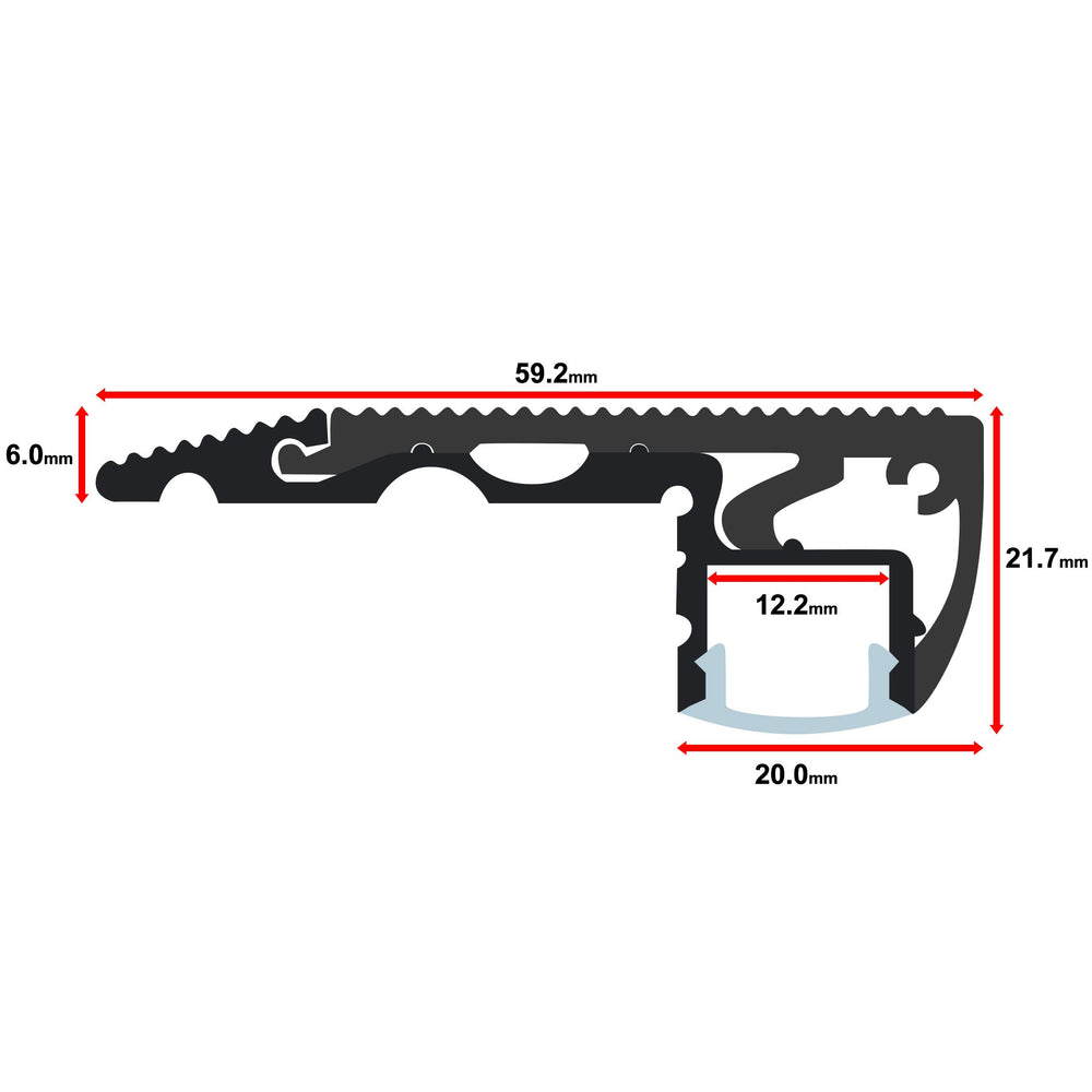 Moss LED ALS-S001 stair nose aluminum channel profile cross-section technical drawing showing dimensions 59.2mm total width 21.7mm height 12.2mm inner width with milky diffuser cover for staircase LED strip lighting installation
