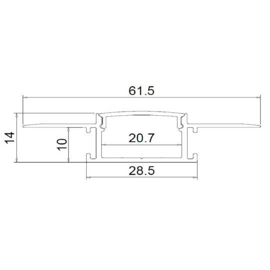 Moss LED ALSST-6114 aluminum channel cross-section technical drawing showing dimensions 61.5mm width 14mm height 20.7mm channel width 28.5mm base