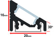 Moss LED aluminum channel MOSS-ALS-A2016 cross section dimensions diagram showing 20mm width 16mm height 30 degree angle profile with diffuser cover
