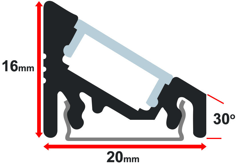 Moss LED aluminum channel MOSS-ALS-A2016 cross section dimensions diagram showing 20mm width 16mm height 30 degree angle profile with diffuser cover