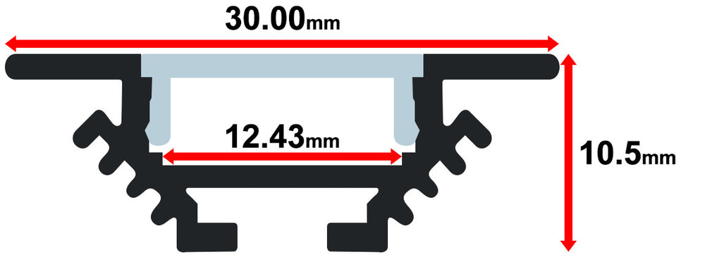 Moss LED aluminum channel MOSS-ALS-A3010 cross section dimensions diagram showing 30mm width 10.5mm height 12.43mm inner width recessed profile with diffuser cover