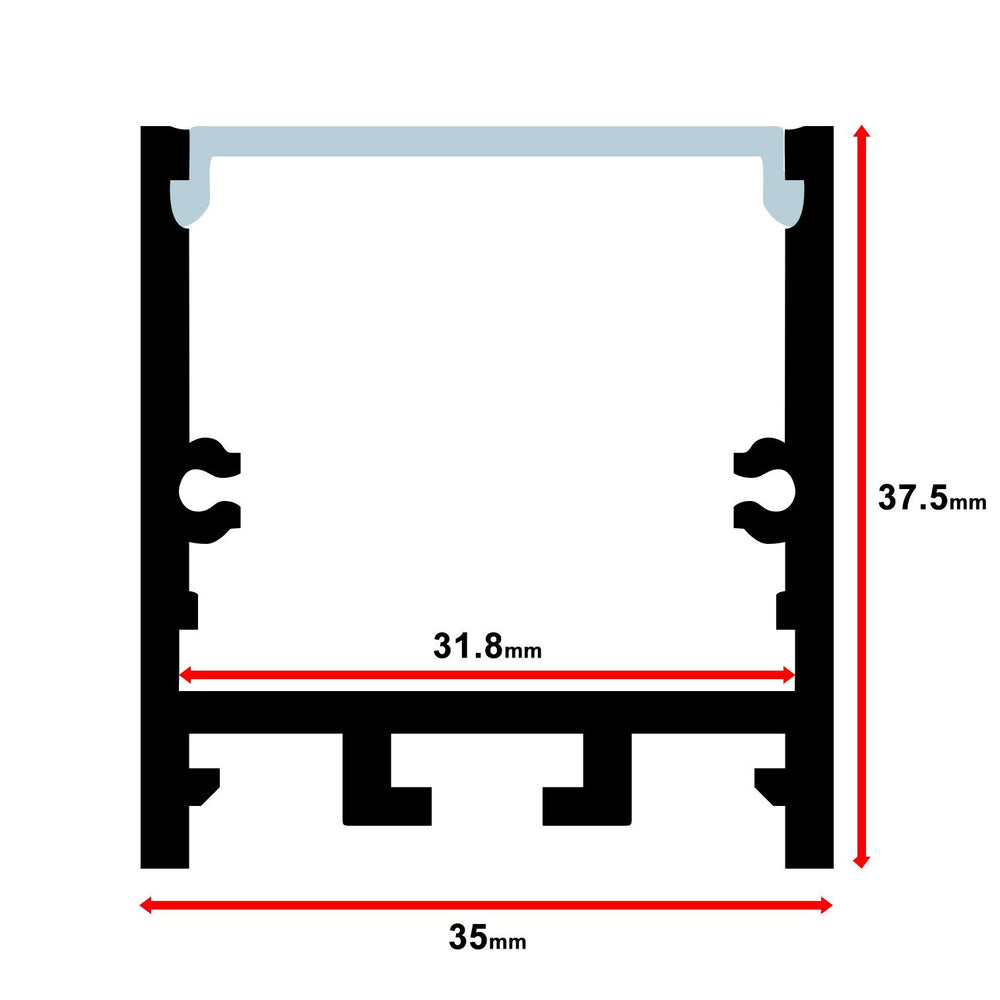 Moss LED MOSS-ALQ-3535F aluminum channel cross-section dimensions diagram showing 35mm width, 37.5mm height, and 31.8mm internal width