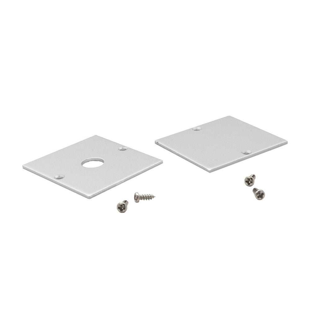 Moss LED MOSS-ALQ-3535F aluminum channel end caps pair with mounting screws, one with wire hole and one solid