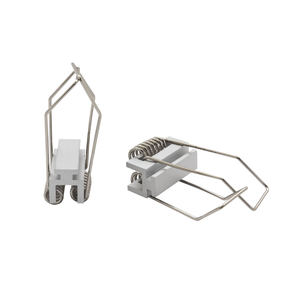 Moss LED MOSS-ALQ-3535F aluminum channel spring mounting clips closeup, two angles showing recessed installation hardware