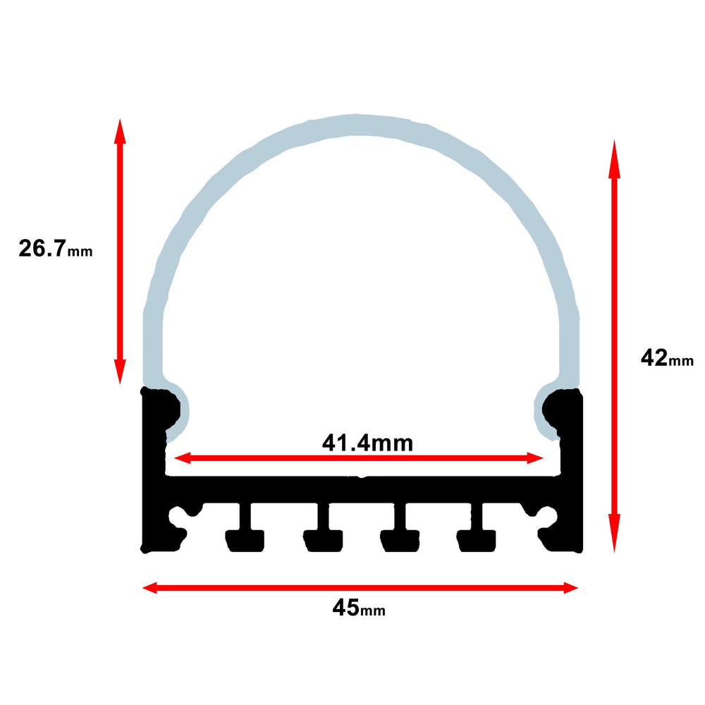 Moss LED ALQ-4542 aluminum channel cross-section profile diagram with dimensions 45mm width 42mm height 26.7mm dome height and milky diffuser cover