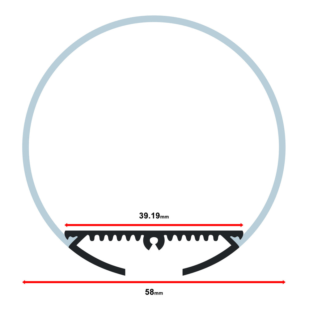 Moss LED aluminum channel O6060C cross-section diagram showing 58mm outer diameter round profile with 39.19mm LED strip mounting area dimensions