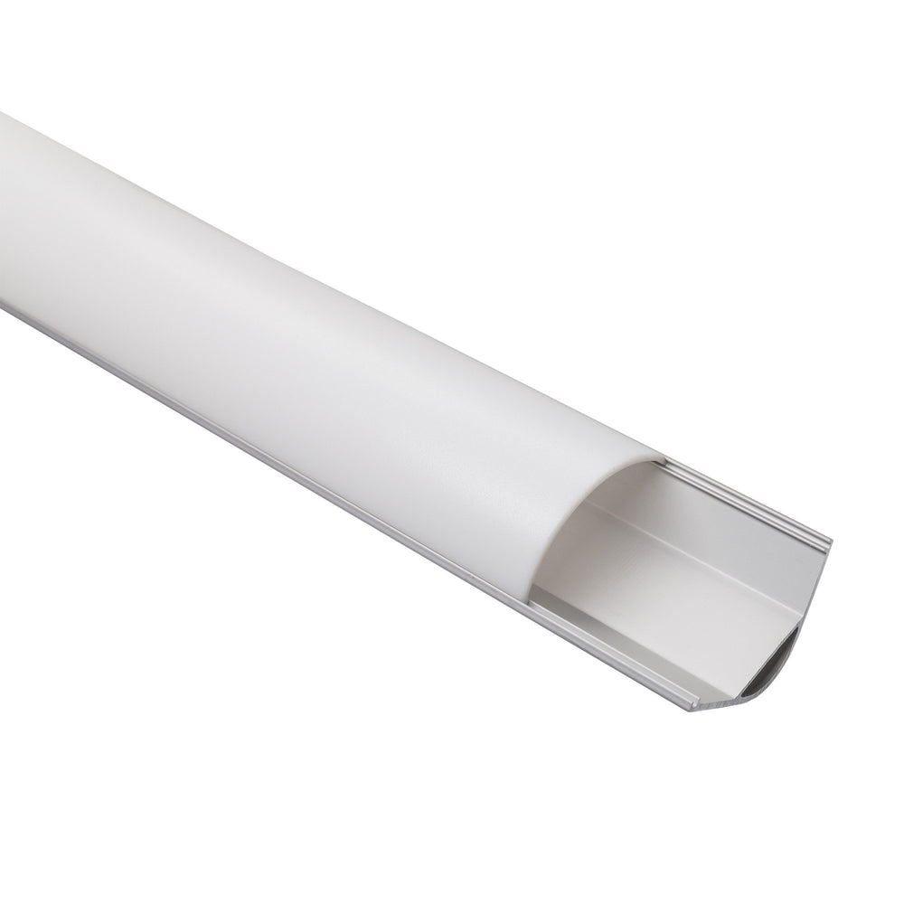 MossLED MOSS-ALM-P3030 aluminum corner channel profile with milky PMMA diffuser lens open showing 90-degree mounting design for LED strip lighting