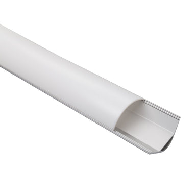 MossLED MOSS-ALM-P3030 aluminum corner channel profile with milky PMMA diffuser lens open showing 90-degree mounting design for LED strip lighting