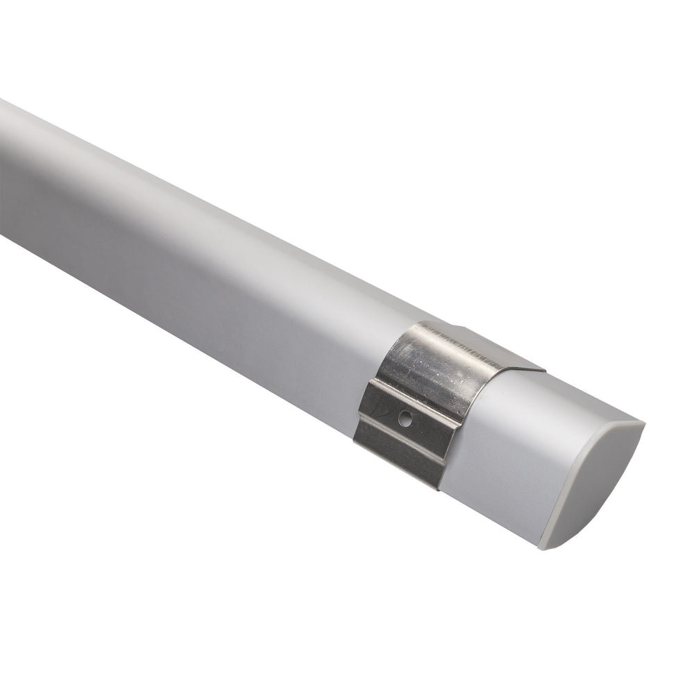 MossLED MOSS-ALM-P3030 aluminum corner channel back view showing metal mounting clip and end cap for secure wall installation