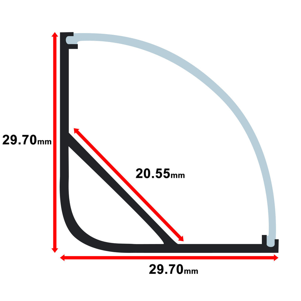 MOSS-ALM-P3030 aluminum corner channel cross-section dimensions diagram showing 29.70mm width, 29.70mm height, and 20.55mm diffuser radius