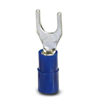 Moss LED blue insulated fork spade crimp terminal connector closeup showing blue vinyl insulation sleeve silver tin-plated copper fork prong for wire splicing and electrical connections on white background