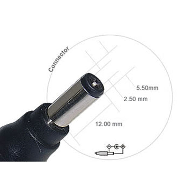 Moss LED BP100 LED power supply DC barrel connector close-up showing dimensions 5.50mm outer diameter 2.50mm inner pin and 12mm length