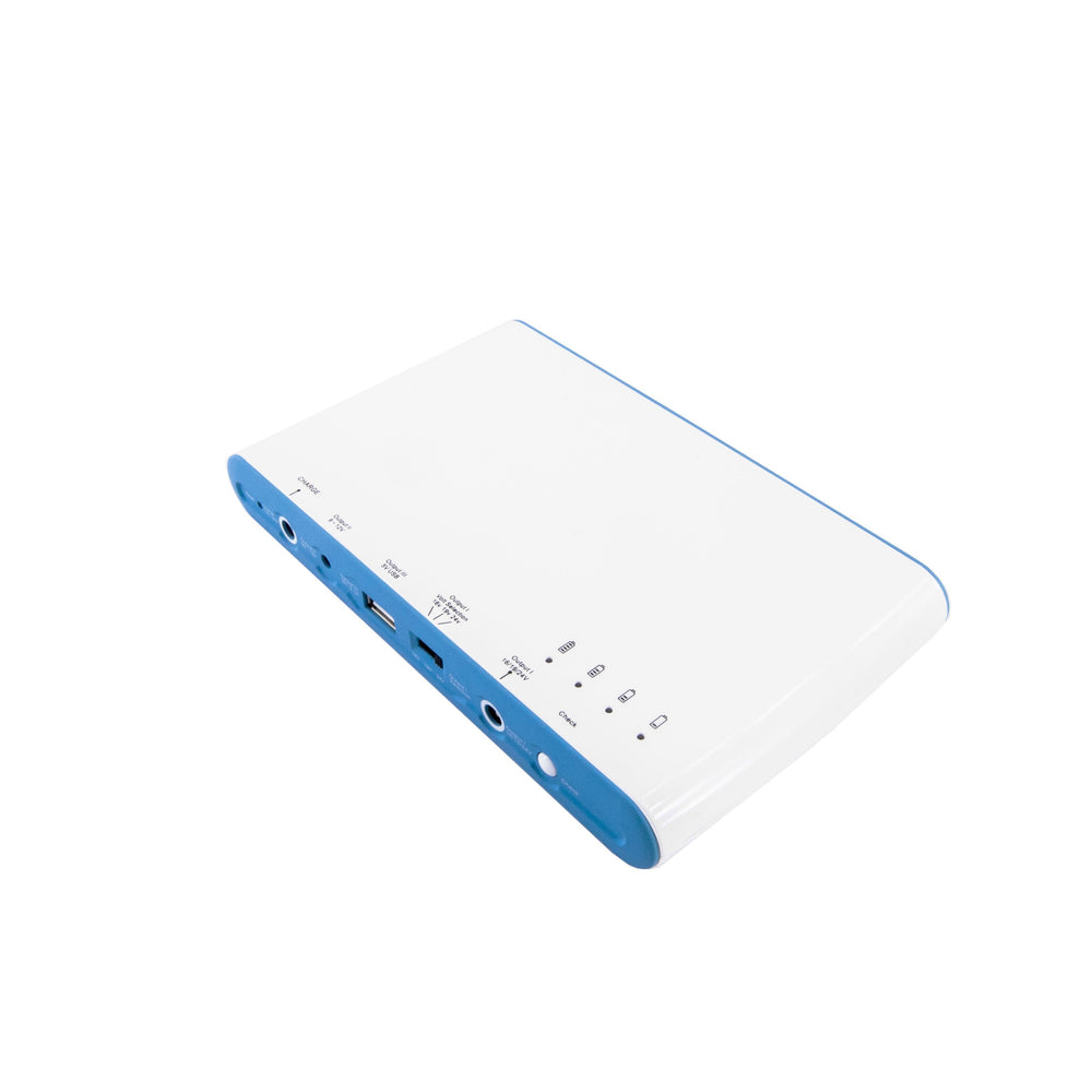 Moss LED BP100 portable LED power supply isometric view showing white housing with blue side panel multiple output ports USB charging port LED battery level indicators and voltage selector on white background