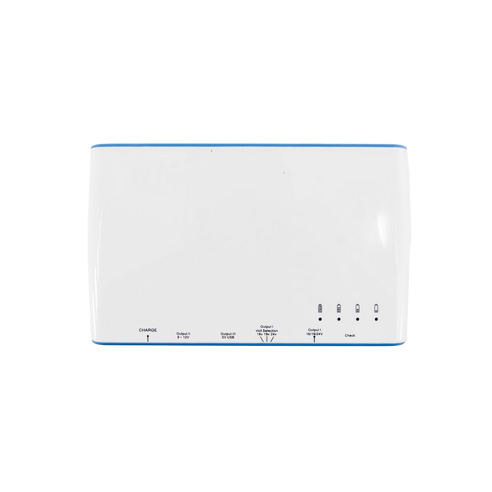 Moss LED BP100 portable LED power supply top view showing white housing with blue edge trim LED battery indicators and labeled output ports including Charge Output 2 Output 3 USB Volt Selection and Check on white background