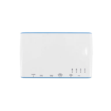 Moss LED BP100 portable LED power supply top view showing white housing with blue edge trim LED battery indicators and labeled output ports including Charge Output 2 Output 3 USB Volt Selection and Check on white background