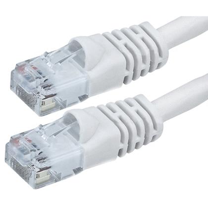 Close-up of white Cat5E ethernet cable RJ45 connectors with gold plated contacts and snagless strain relief boots
