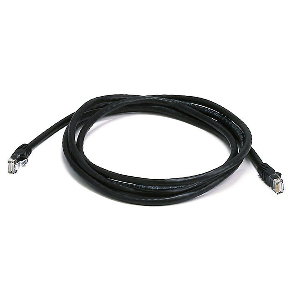 MossLED 6ft black Cat5E ethernet network cable with RJ45 connectors, 350MHz UTP bare copper patch cord coiled on white background