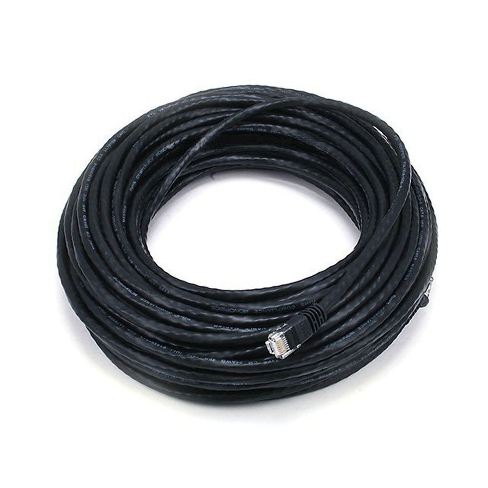 MossLED 75ft black Cat5E ethernet network cable coiled with RJ45 connectors, 350MHz UTP bare copper long run patch cord