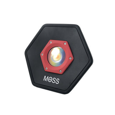 Moss LED Cinema Work Light high CRI LED hexagonal black body with red bezel front view light on