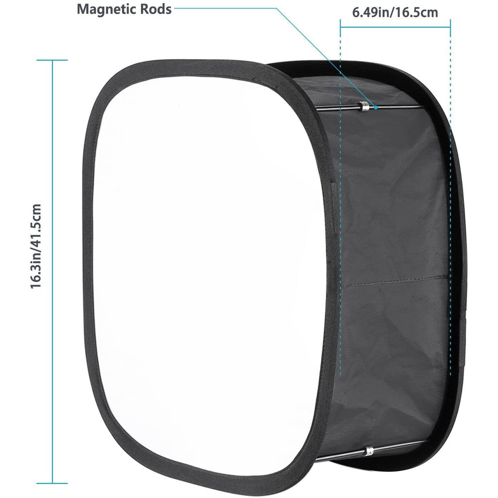 Moss LED Cinema Work Light softbox dimensions diagram showing magnetic rods 16.5cm width and 41.5cm height