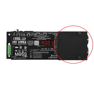 Moss LED Cinque E-Safe enclosure top view with DMX dimmer, red circle highlighting attachment points, LED display and Moss branding visible, white background