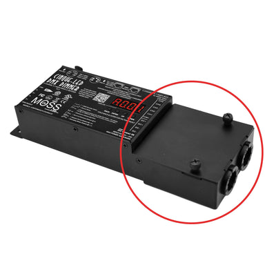 MossLED Cinque-LED DMX Dimmer angled view showing 5-pin XLR and RJ45 Ethernet DMX connectors highlighted with red circle callout