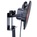 Moss LED CWLS cable wall mount bracket with LED light fixture installed rear view showing black metal L-shaped mounting bracket with cable routing and thumbscrew clamps holding round LED light on white background
