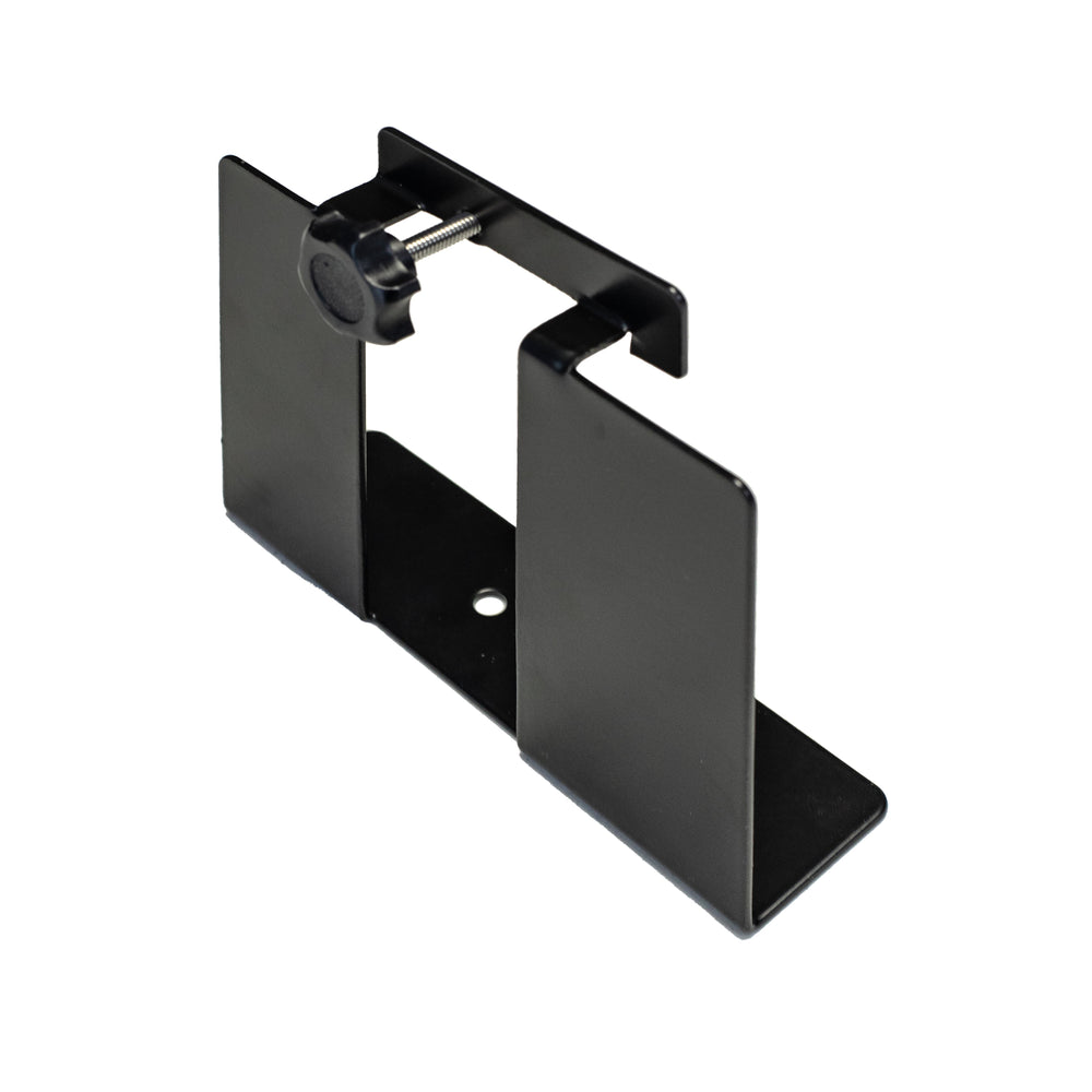 Moss LED CWLS cable wall mount clamp bracket black metal construction with thumbscrew tightening mechanism for securing cables and wires to walls or surfaces on white background