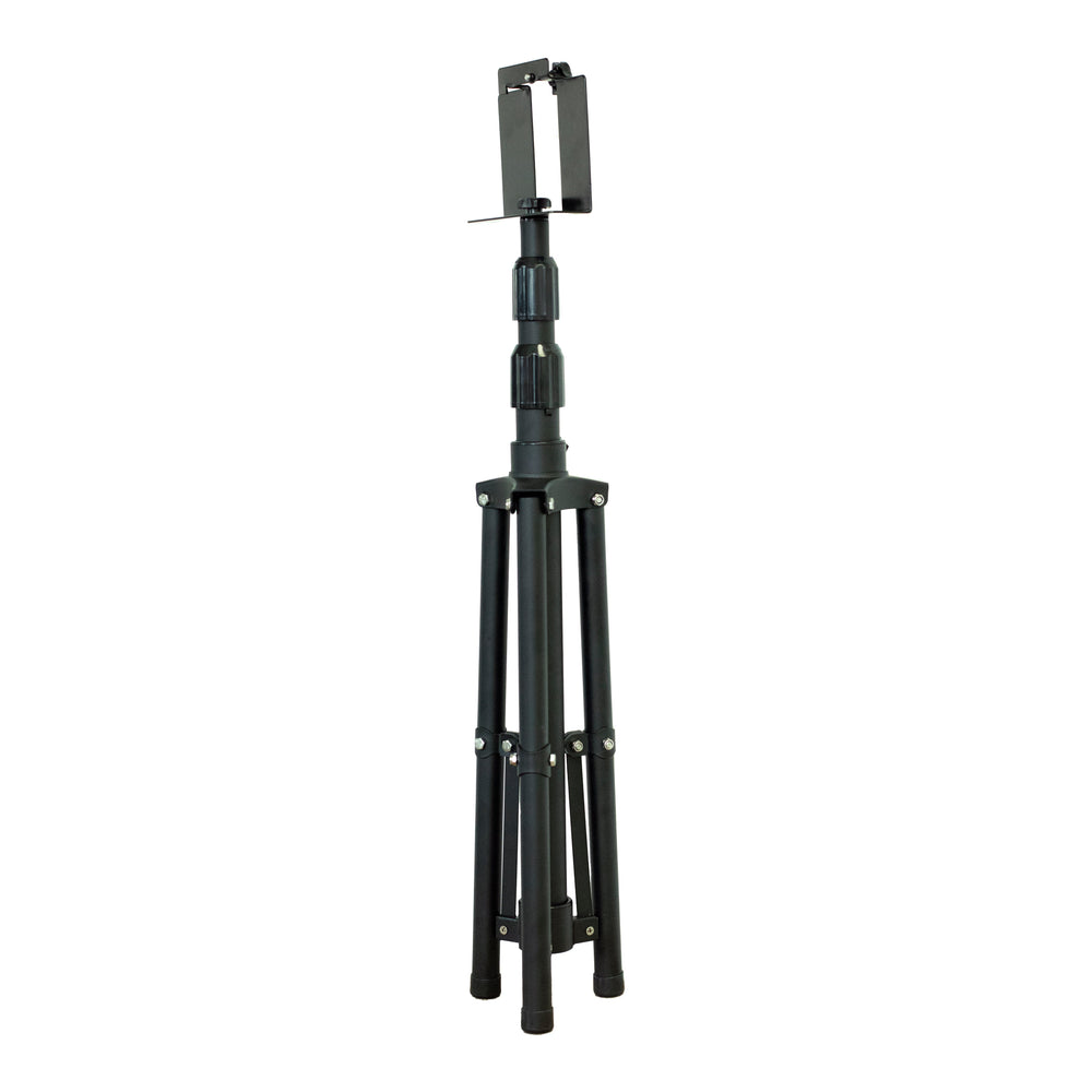 Moss LED CWLS portable tripod light stand with adjustable height telescoping center column clamp bracket at top and collapsible black metal tripod legs on white background