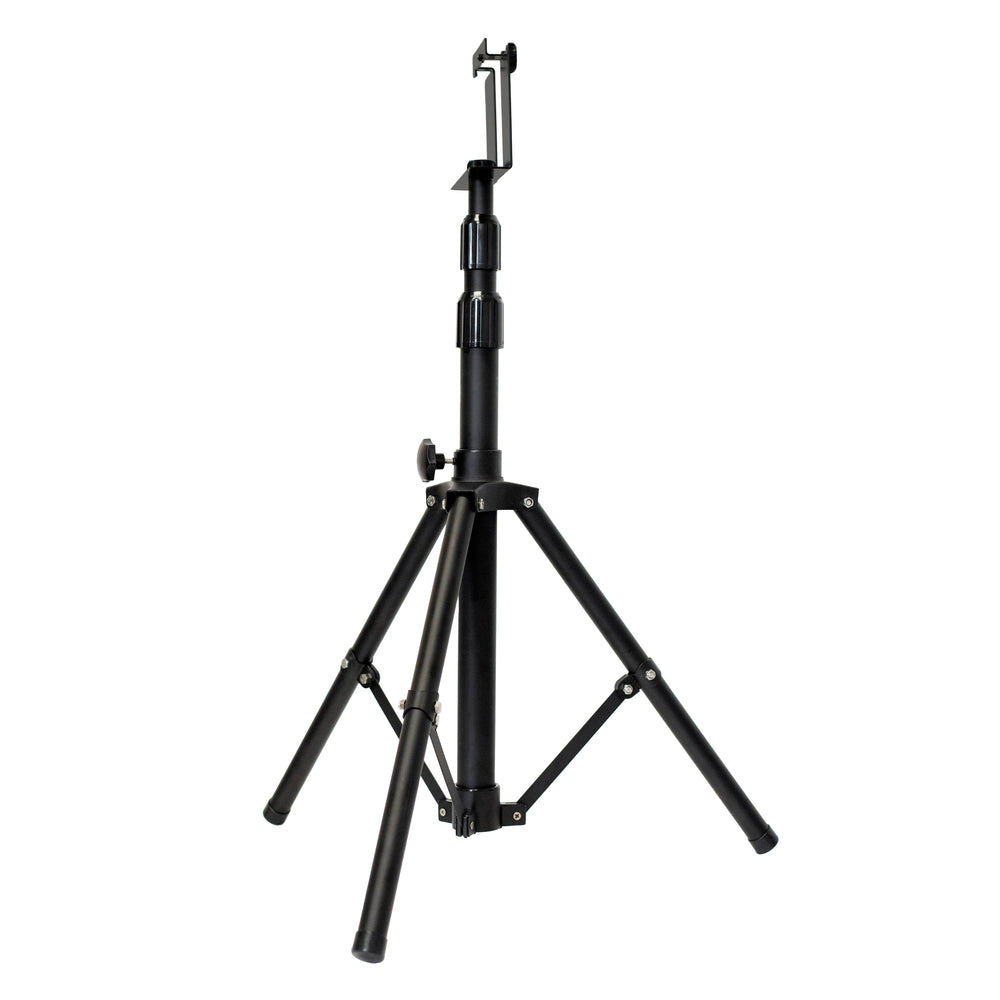 Moss LED CWLS portable tripod light stand full view with extended black metal legs adjustable height center column and mounting clamp bracket at top on white background
