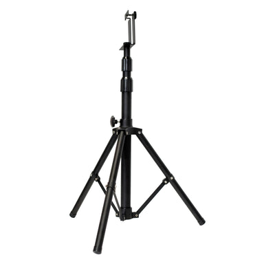 Moss LED CWLS portable tripod light stand full view with extended black metal legs adjustable height center column and mounting clamp bracket at top on white background