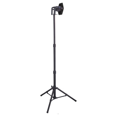 Moss LED CWLS tripod light stand with LED flood light fixture mounted at top full setup view showing adjustable height black metal stand with tripod base on white background