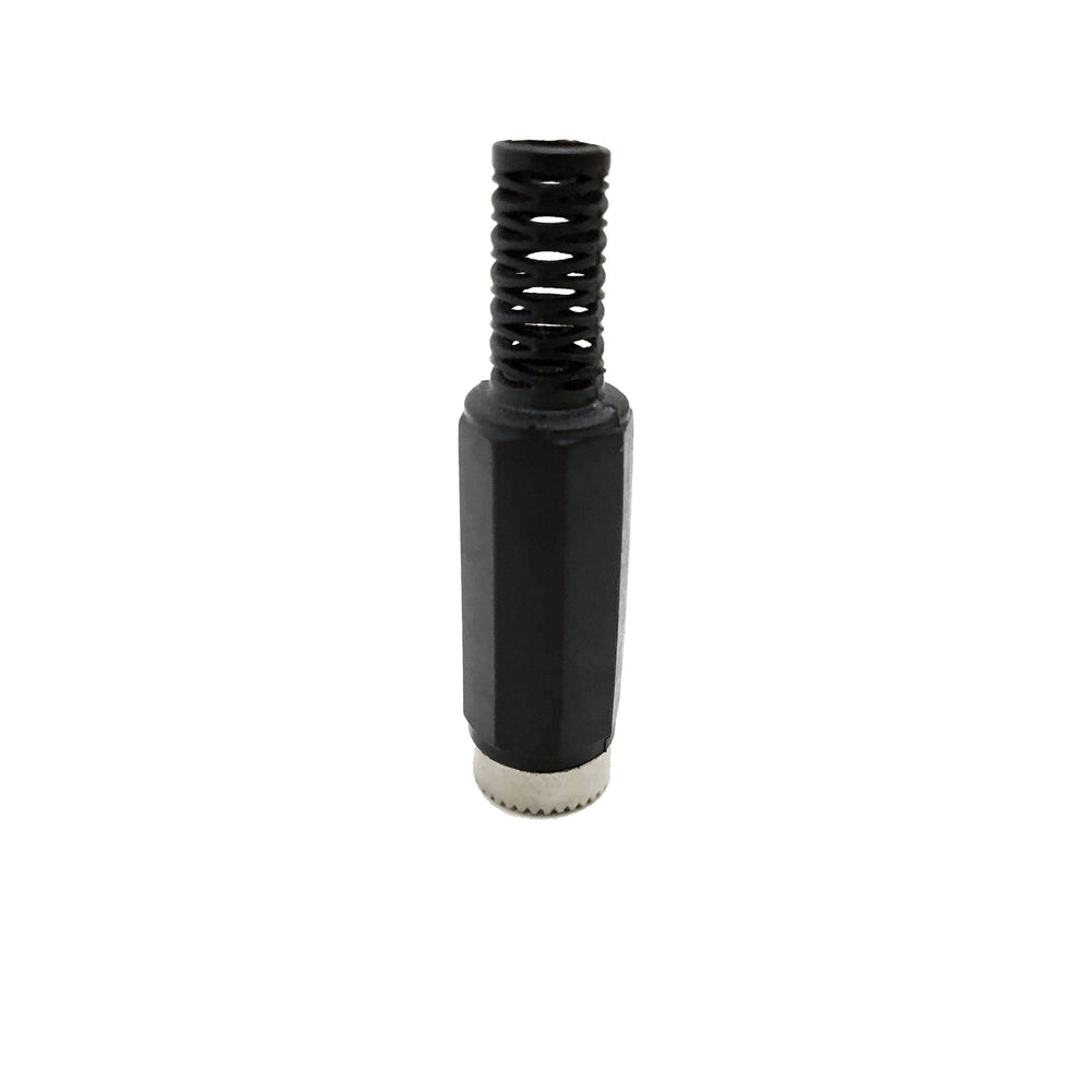Moss LED DC Barrel Plug Field Installable Male 2.1mm x 5.5mm Upright View, Black Housing with Strain Relief and Knurled Nut, 5A for LED Power Cabling