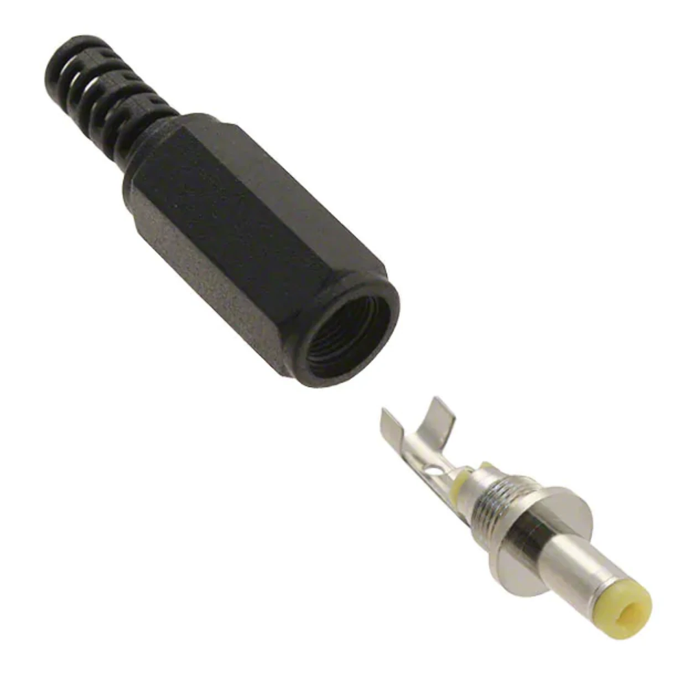 Moss LED DC Female Field Installable Plug 1.7x4x9.5mm Disassembled, Black Plastic Housing and Metal Barrel Connector with Yellow Center Pin